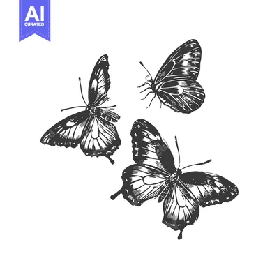 Premium design asset: Hand-Drawn Illustration of Three Black and White Butterflies