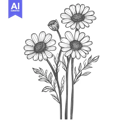 Aset desain premium: Hand-drawn Illustration of Three Blooming Daisies with Leaves and Stem