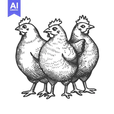 Aset desain premium: Hand-Drawn Illustration of Three Chickens Standing Together