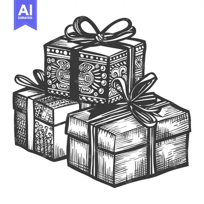 Aset desain premium: Hand-drawn illustration of three gift boxes with intricate designs and