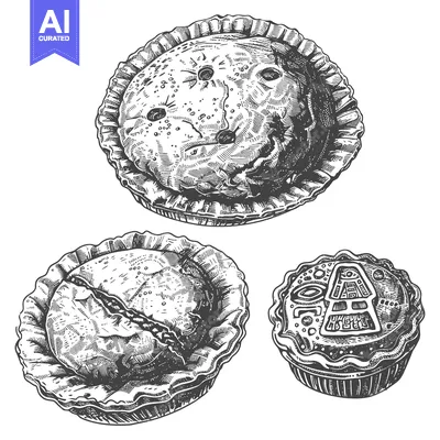Aset desain premium: Hand-Drawn Illustration of Three Pies in a Baking Dish