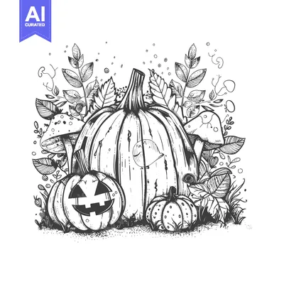 Aset desain premium: Hand-drawn illustration of three pumpkins in a forest setting