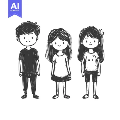 Aset desain premium: Hand-Drawn Illustration of Three Smiling Children