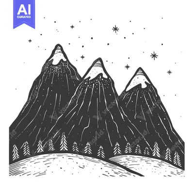 Aset desain premium: Hand-drawn illustration of three snow-capped mountains with a starry n