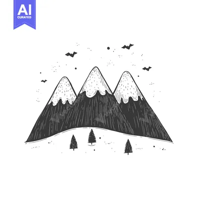 Aset desain premium: Hand-drawn Illustration of Three Snowy Mountains with Pine Trees and B