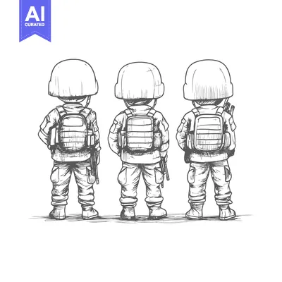 Aset premium populer: Hand-drawn Illustration of Three Soldiers in Uniform with Backpacks an