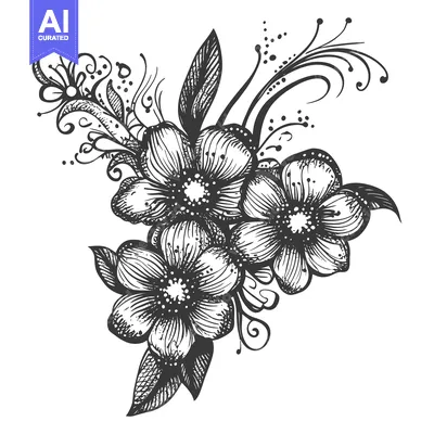 Aset desain premium: Hand-drawn illustration of three stylized black and white flowers with