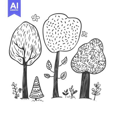 Hand-drawn Illustration of Three Trees and Small Plants