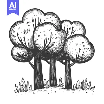 Hand-drawn illustration of three trees with rounded canopies and grass