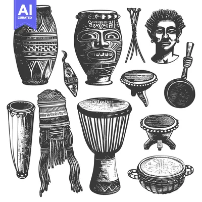 Aset desain premium: Hand-Drawn Illustration of Traditional African Instruments and Artifac