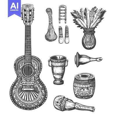 Hand-Drawn Illustration of Traditional Andean Instruments and Objects