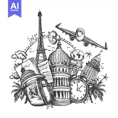 Aset desain premium: Hand-Drawn Illustration of Travel Elements with Landmarks, Clock, and