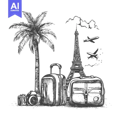 Aset premium populer: Hand-drawn Illustration of Travel Essentials with Palm Tree, Eiffel To
