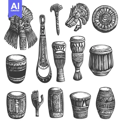 Aset desain premium: Hand-Drawn Illustration of Tribal Drums, Ceremonial Objects, and Music