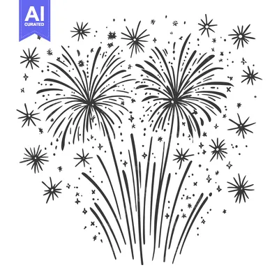 Hand-drawn illustration of two fireworks exploding in the night sky