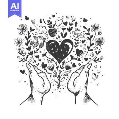 Aset premium populer: Hand-drawn illustration of two hands cupping a heart-shaped arrangemen