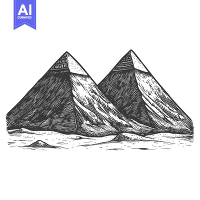 Aset desain premium: Hand-Drawn Illustration of Two Pyramids in a Desert Landscape