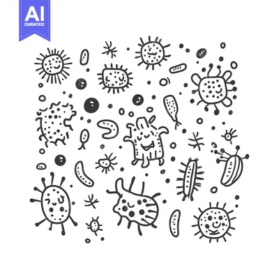 Aset desain premium: Hand-drawn illustration of various bacteria and microbes with smiling