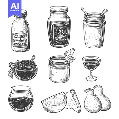 Aset desain premium: Hand-Drawn Illustration of Various Beverages and Fruit in Jars and Gla