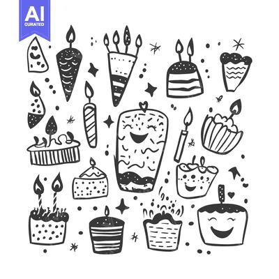 Aset desain premium: Hand-drawn Illustration of Various Birthday Cakes with Candles