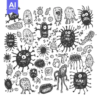 Aset desain premium: Hand-drawn illustration of various cartoon-like microbes and bacteria
