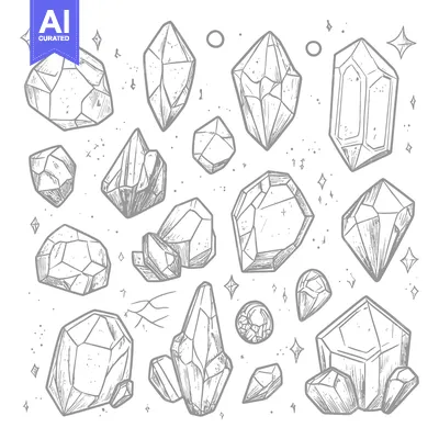 Aset desain premium: Hand-Drawn Illustration of Various Crystal Shapes