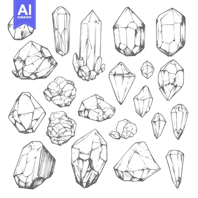 Aset desain premium: Hand-drawn Illustration of Various Crystal Shapes and Formations
