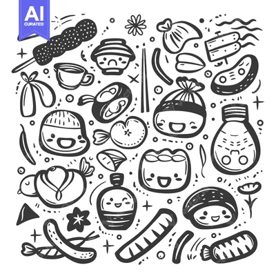 Premium design asset: Hand-drawn Illustration of Various Cute Food Items with Faces