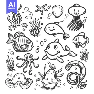 Aset desain premium: Hand-Drawn Illustration of Various Cute Sea Creatures and Plants