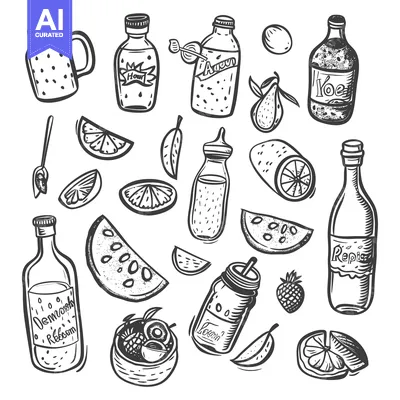 Aset desain premium: Hand-Drawn Illustration of Various Drinks and Fruits