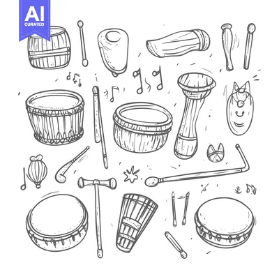 Premium design asset: Hand-Drawn Illustration of Various Drums and Percussion Instruments