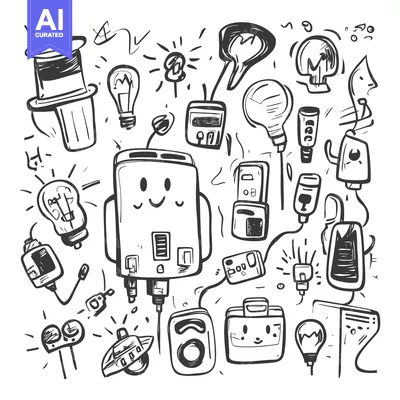 Aset premium populer: Hand-Drawn Illustration of Various Electrical Appliances and Light Bul
