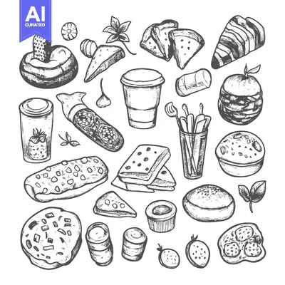 Aset desain premium: Hand-Drawn Illustration of Various Food and Drink Items