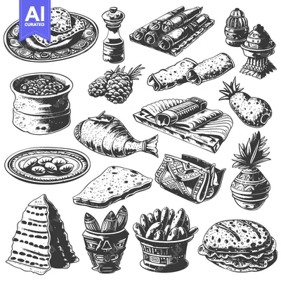 Aset desain premium: Hand-Drawn Illustration of Various Food and Objects in Black and White