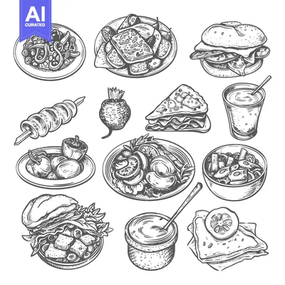 Popular premium asset: Hand-drawn illustration of various food dishes, including sandwiches,