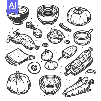 Aset premium populer: Hand-drawn illustration of various food items