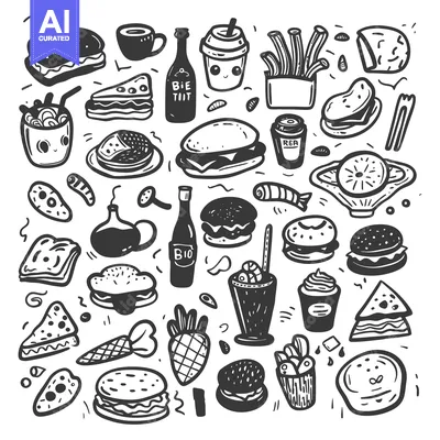Aset desain premium: Hand-drawn Illustration of Various Food Items