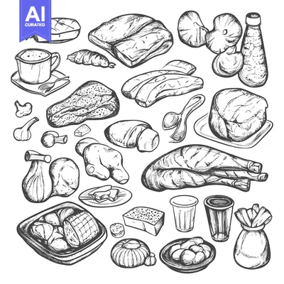 Aset premium populer: Hand-Drawn Illustration of Various Food Items