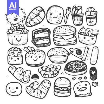 Aset premium populer: Hand-Drawn Illustration of Various Food Items with Smiling Faces