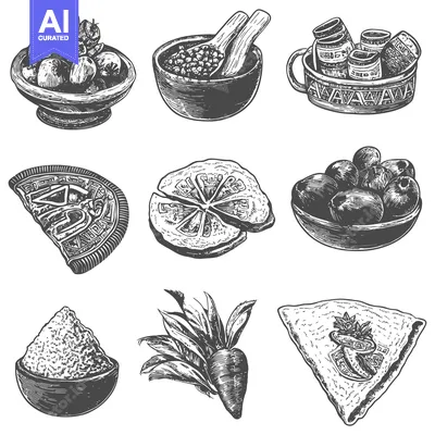 Aset desain premium: Hand-Drawn Illustration of Various Foods in Bowls