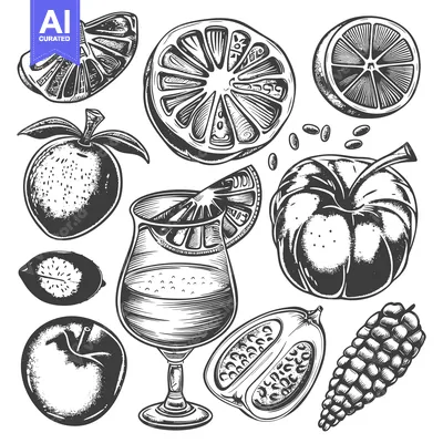 Aset premium populer: Hand-Drawn Illustration of Various Fruits and a Cocktail Glass