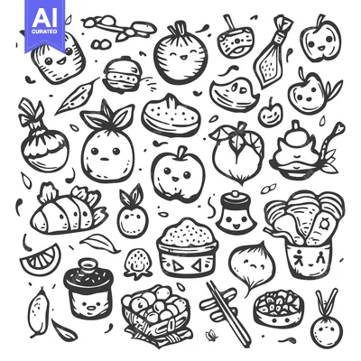 Aset premium populer: Hand-drawn illustration of various fruits and vegetables with cute fac