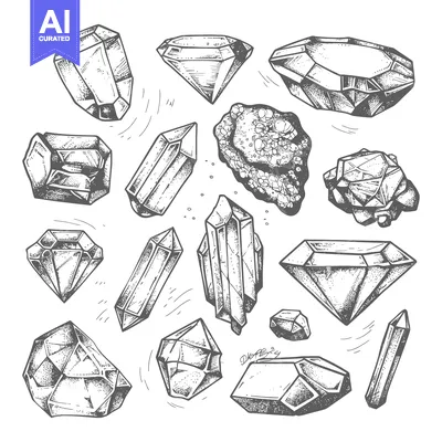 Hand-Drawn Illustration of Various Gemstones and Crystals