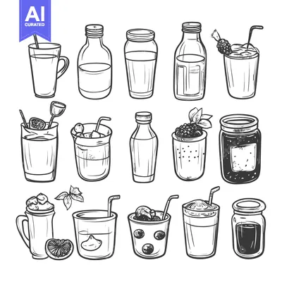 Aset desain premium: Hand-Drawn Illustration of Various Glassware with Beverages and Straws