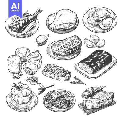 Premium design asset: Hand-Drawn Illustration of Various Grilled Meats and Ingredients