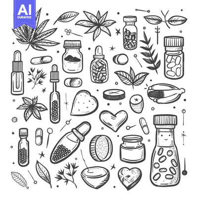 Aset desain premium: Hand-drawn Illustration of Various Herbal Supplements and Remedies