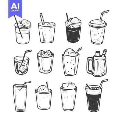 Hand-Drawn Illustration of Various Iced Drinks with Straws