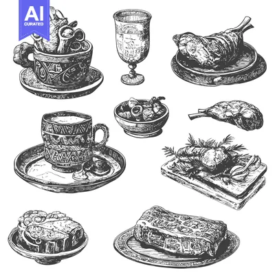 Popular premium asset: Hand-Drawn Illustration of Various Meat Dishes and Drinks