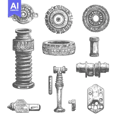 Aset desain premium: Hand-Drawn Illustration of Various Mechanical Parts with Intricate Det