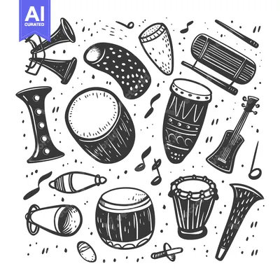 Aset desain premium: Hand-drawn Illustration of Various Musical Instruments